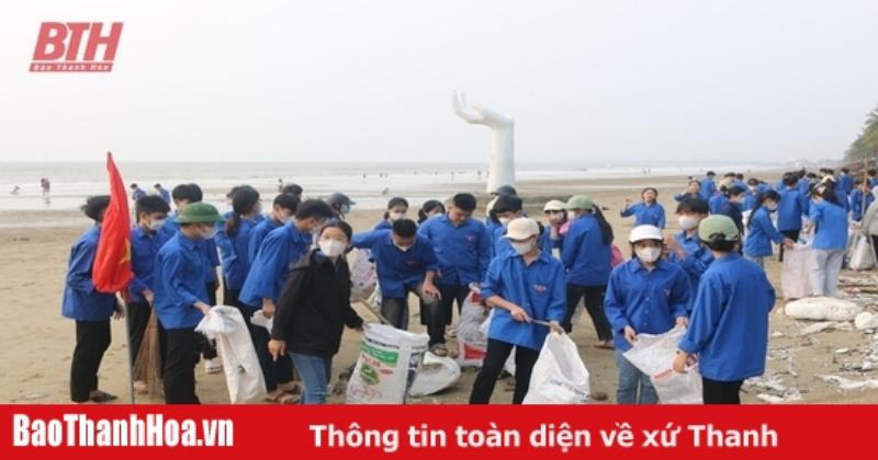 Du khách đang thu gom rác hoặc tham gia hoạt động làm sạch bãi biển tại Biển Hải Tiến Thanh Hóa
